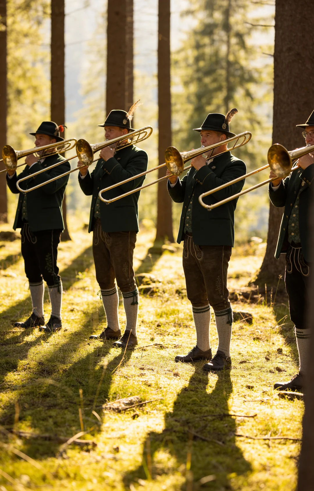 Jagdhornbläser Jagdhornbläser des Jagdverbands Haßfurt in bayerischer Tracht beim gemeinsamen Musizieren im Wald